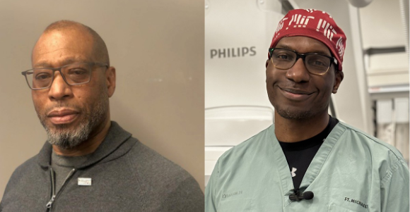 Raphael Duvoue, operations leader in the Environmental Services Department (left), and Dr. Andrew Brown, interventional radiologist (right), at St. Michael’s.